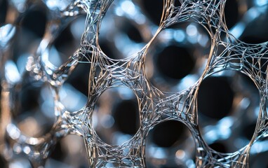 Close-up of fine metallic mesh with intricate wire pattern and reflections