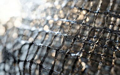 Close-up of fine metallic mesh with intricate wire pattern and reflections