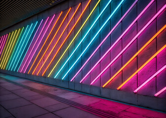 Wall Mural - A vibrant background featuring bold diagonal stripes in radiant neon hues, glowing brightly on a textured surface