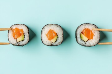 Sticker - Three sushi pieces arranged neatly with chopsticks on a light blue background