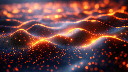 Poster - Abstract glowing wave of orange particles on a dark surface, creating a futuristic and technological aesthetic