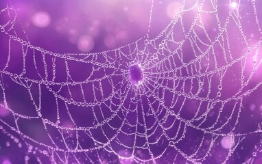 Wall Mural - Intricate spider web covered in dew, shining against a soft blurred nature backdrop