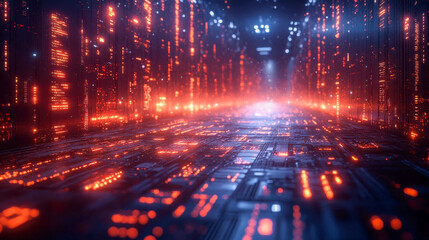 Poster - Abstract digital cityscape with glowing red and blue lights, representing technology and data connections