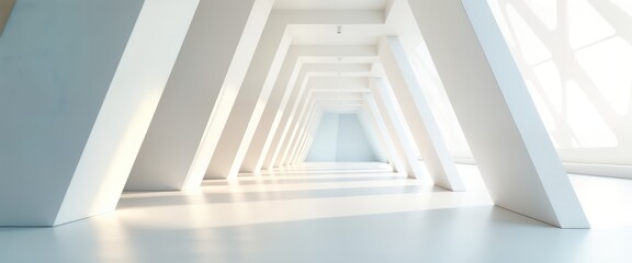 Poster - Modern architectural interior design concept featuring geometric shapes, light. Empty hallway with light blue, white tones. Futuristic aesthetic. Ideal for tech company architecture design. Simple,