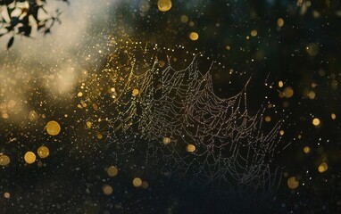 Intricate spider web covered in dew, shining against a soft blurred nature backdrop