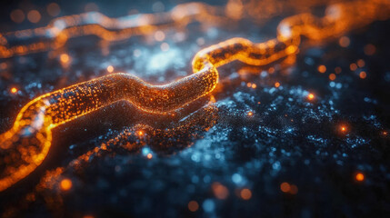 Poster - A glowing orange blockchain network chain in a futuristic digital environment with sparkling particles