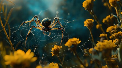 Spiderweb in Yellow Flowers - Nature Macro Photography