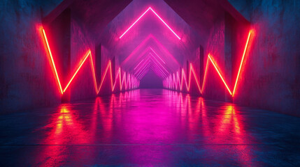 Poster - Cyberpunk hallway with neon zigzag lighting along dark industrial walls, reflecting on the wet floor for a futuristic ambiance