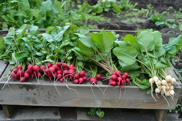 Poster - freshly picked red and white radishes and turnips displayed on a wooden crate, showcasing a successf