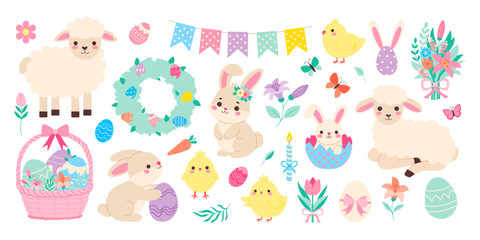 Wall Mural - a collection of easter themed cartoon animals including rabbits, chickens, and sheep. the animals ar