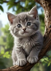 Fluffy grey kitten resting on a tree branch, looking adorable,  outdoors,  tree