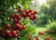 © Wachiraporn - Freshly picked ripe red berries against lush green background, vibrant red, leafy, harvest