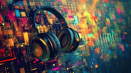 Poster - Oversized Headphones Against Vibrant Abstract Background