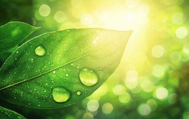 Wall Mural - Ultra-detailed macro of fresh green leaf with dewdrops reflecting light, soft blurred background