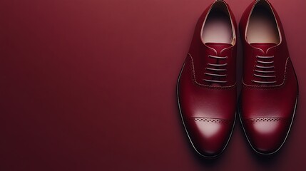 A stylish pair of formal shoes placed against a deep maroon background with ample copy space on the top left.