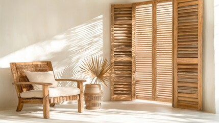 Poster - A cozy wooden chair beside a slatted window, illuminated by soft sunlight, creating a serene and inviting atmosphere.