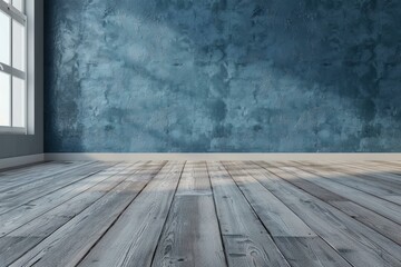 Poster - Sunlit empty room with blue textured wall and wooden floor, perfect for interior design projects