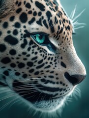 Wall Mural - a close up of a leopard's face with a blue eye. the image has a moody and mysterious feel to it, as 