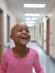 Wall Mural - A young girl with a bald head is smiling and laughing in a hallway. The girl is wearing a pink shirt and he is happy