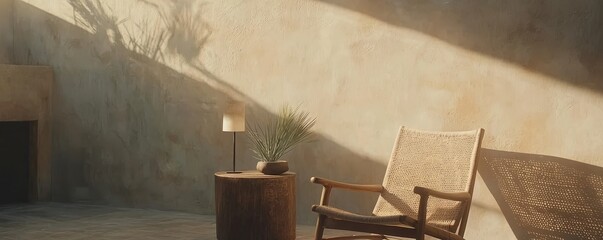 Poster - A serene interior space featuring a wooden chair, a small table with a plant, and soft sunlight casting shadows on a textured wall.