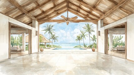 Canvas Print - A serene tropical interior featuring a high ceiling, large windows, and views of palm trees and ocean, creating a peaceful and inviting atmosphere.