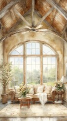 Wall Mural - A cozy living room with large windows, natural light, and rustic decor, featuring comfortable seating and decorative plants.