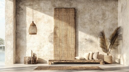 Wall Mural - A serene interior featuring natural textures, a woven wall panel, comfortable seating, and stylish decor elements, creating a calm, inviting atmosphere.