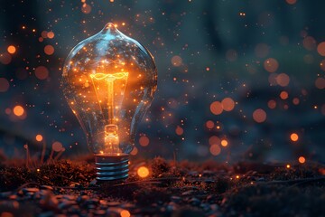Poster - Glowing light bulb on dark background with magical orange bokeh effects and sparkles, perfect for creativity, innovation and inspiration concepts in business presentations.