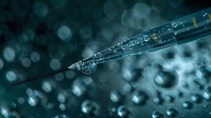 Poster - Extreme macro photography of water drops on needle or pin with artistic bokeh background in cyan and teal tones, perfect for nature or science concepts.