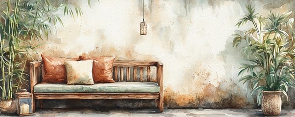 Poster - A cozy wooden sofa with decorative cushions, surrounded by lush greenery against a textured wall, creating a serene and inviting atmosphere.