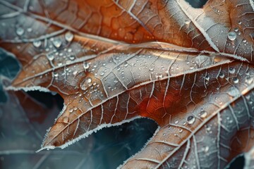 Poster - Tiny, glistening dew drops cling to the delicate veins of a frosted autumn leaf, capturing the ephemeral beauty of the changing seasons