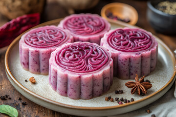 Celebrate Mooncake festival with traditional mooncakes on vintage plate over pastel purple background with blurred peony flowers. Holidays food and dessert theme Chinese Mid-Autumn Festival.