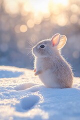 Wall Mural - A cute rabbit stands on soft, snowy ground with a blurred, sunlit background, capturing a serene winter scene