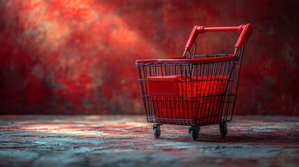 Red shopping cart on textured surface against a red backdrop.