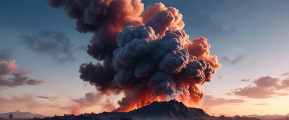 Cloud of smoke and ash with a reddish-blue tint against the sky , atmospheric, smoke