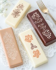 Poster - handcrafted chocolate bars with intricate patterns and lace doilies