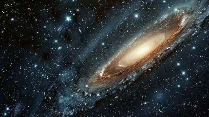 Wall Mural - a spiral galaxy with a bright yellow center. the galaxy is filled with stars and is surrounded by a 