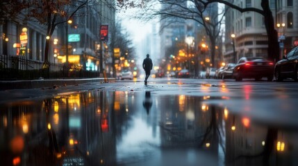 Wall Mural - A lone figure walks through a city street engulfed by rain and reflections, surrounded by glowing urban lights, capturing a sense of solitude amidst the hustle.