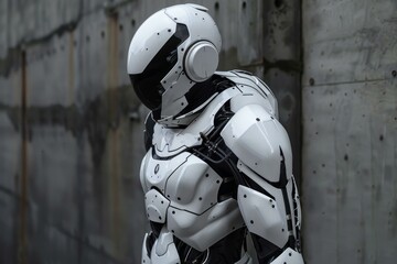 Poster - Futuristic robot wearing white exoskeleton and helmet stands near concrete wall in mysterious urban setting