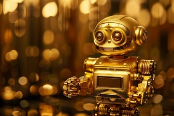 Poster - Golden toy robot standing in front of a blurred golden background, showcasing a futuristic concept