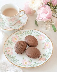 Poster - handcrafted chocolate madeleines with intricate patterns and lovely plates