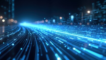 Poster - abstract illustration of high-speed global data transfer. virtual lines of light, glowing particles 