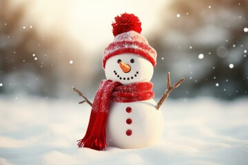 Poster - Charming snowman with red knitted accessories enjoying a beautiful snowy day, perfect for winter holiday themes