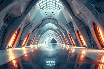 Poster - Empty science fiction spaceship corridor with orange lights and shiny floor