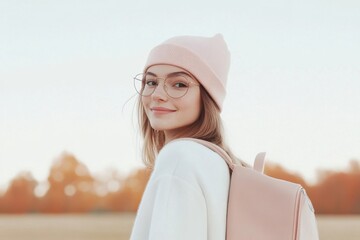 Autumn fashion lifestyle - woman in beanie and glasses outdoors for casual style inspiration