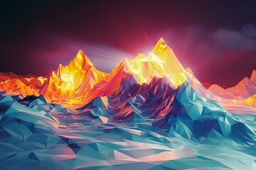 Aufkleber - Low poly landscape with glowing mountains rising from a colorful terrain, digital art