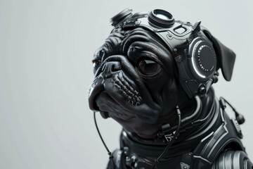 Poster - Close up of a pug showcasing futuristic armor and headset, blending canine charm with cyberpunk aesthetics