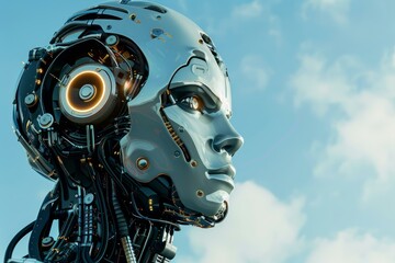 Poster - Advanced android head contemplating cloudy sky, showcasing artificial intelligence and futuristic technology