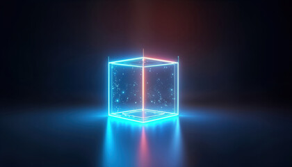 Poster - glowing neon blue cube shines as laser tech block against dark background. futuristic 3d isometric b
