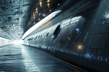 Poster - Wet metallic corridor inside a spaceship reflecting light from an opening at its end